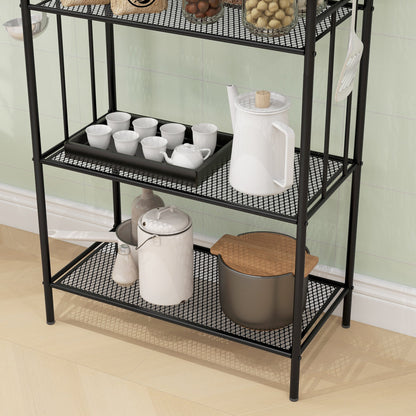 5-Tier Kitchen Storage Unit, Microwave Stand with 5 Mesh Open Shelves and 4 Hooks, Modern Coffee Bar Station with Steel Frame for Living Room, Black