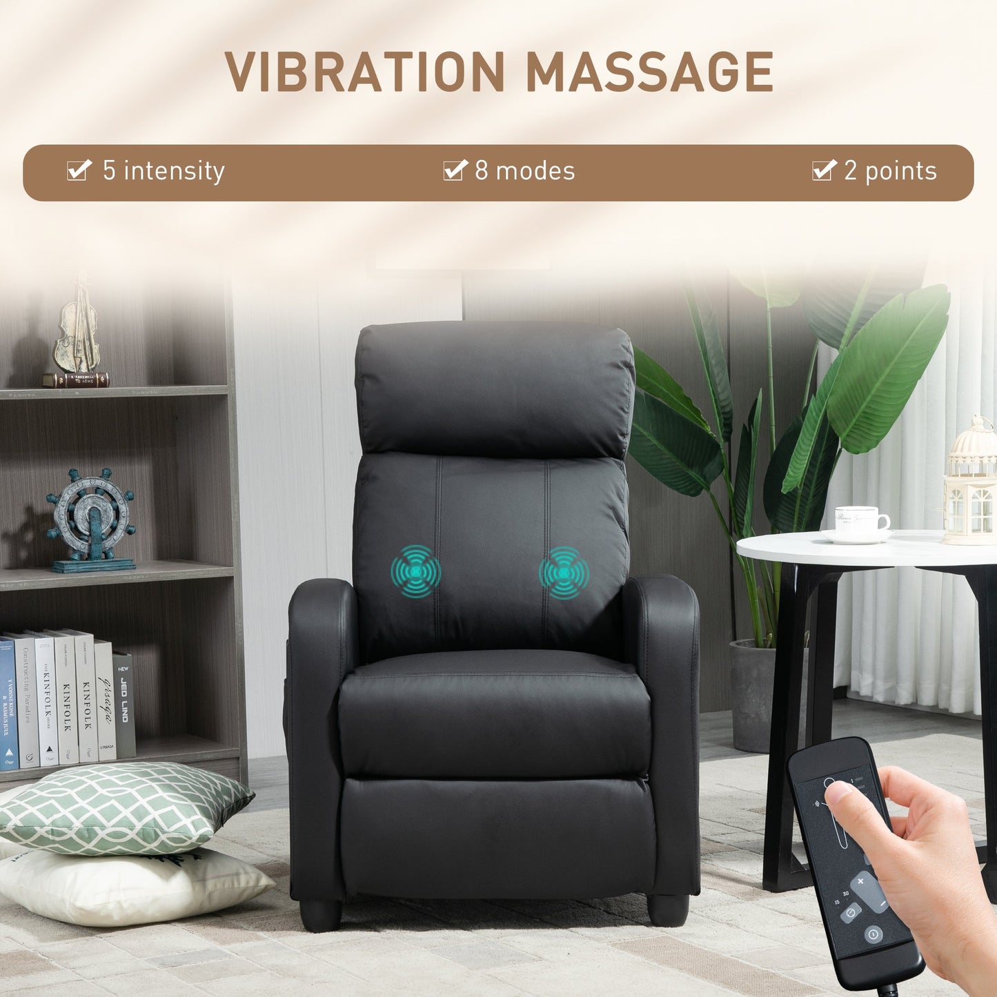 HOMCOM Recliner Armchair, Massage Faux Leather Push Back Reclining Chair with Adjustable Leg Rest, Side Pocket, for Home Living Room Theatre, Black