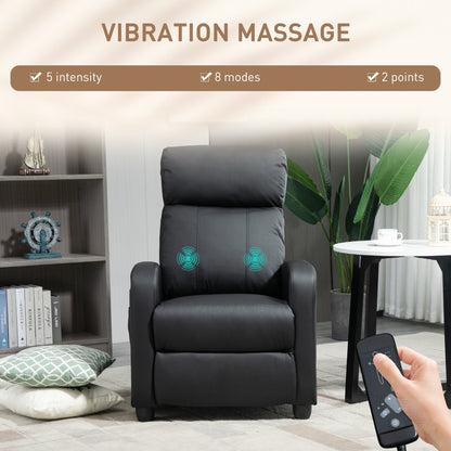 HOMCOM Recliner Armchair, Massage Faux Leather Push Back Reclining Chair with Adjustable Leg Rest, Side Pocket, for Home Living Room Theatre, Black
