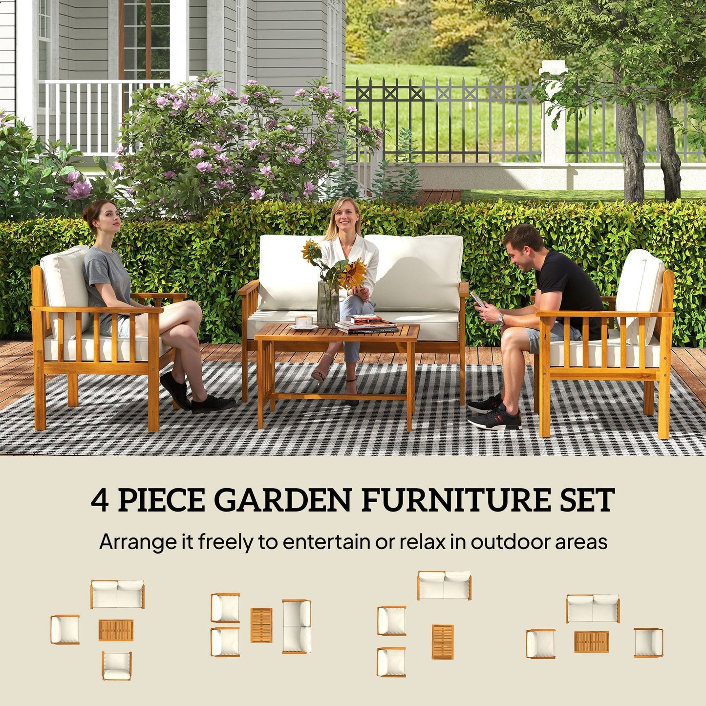 Outsunny Four-Piece Acacia Wood Garden Sofa Set - Teak/Cream