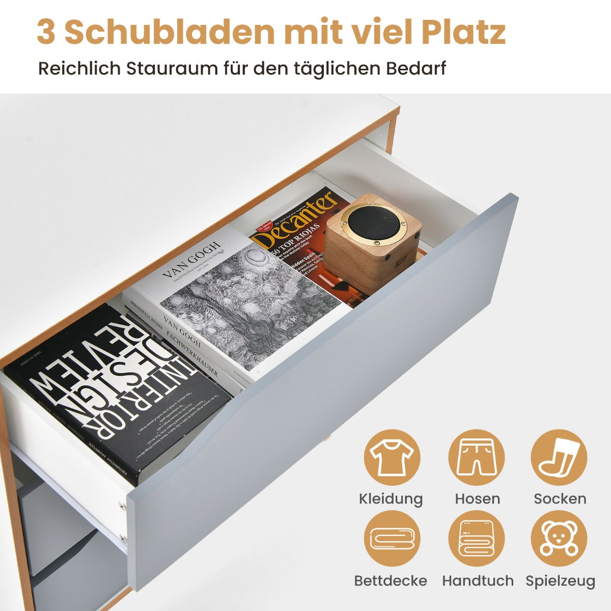 Modern 3 Drawer Chest Dresser with Large Storage Capacity Embedded Handle-Grey