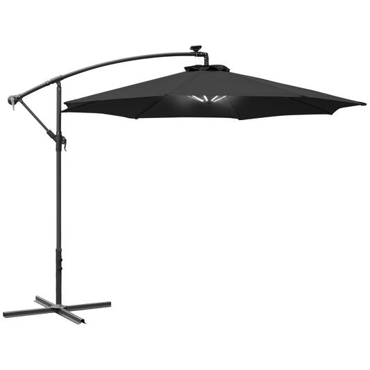 Outsunny 3m LED Patio Banana Parasol z wysięgnikiem i korbką, wiszący, rama parasola, stalowy aluminiowy stolik ogrodowy, czarny