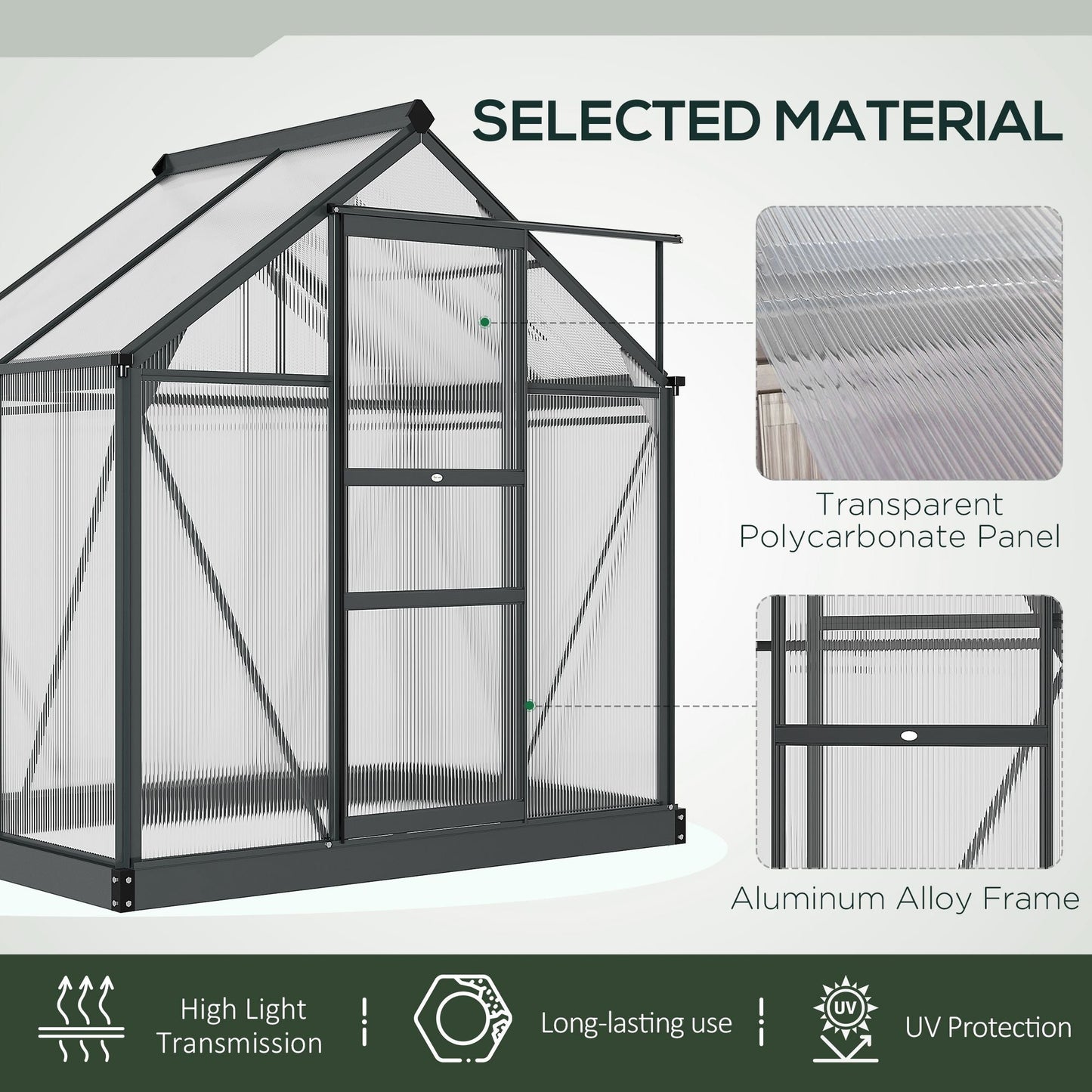 Outsunny 6 x 4ft Polycarbonate Greenhouse, Large Walk-In Green House with Slide Door and Window, Garden Plants Grow House with Aluminium Frame and Foundation, Grey