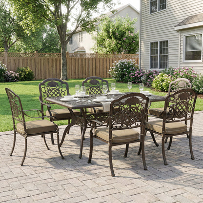 Outsunny Garden Dining Set for 6, Cast Aluminium Outdoor Table and Chairs Set with Cushions, Parasol Hole for Patio, Bronze Tone