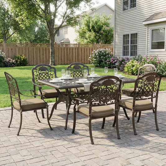 Outsunny Garden Dining Set for 6, Cast Aluminium Outdoor Table and Chairs Set with Cushions, Parasol Hole for Patio, Bronze Tone