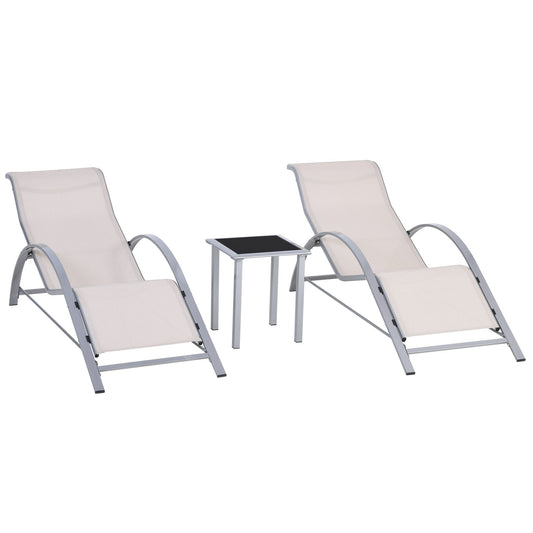 Outsunny 3 Piece Lounge Chair Set Metal Frame Garden Outdoor Recliner Sunbathing Chair with Table, Cream