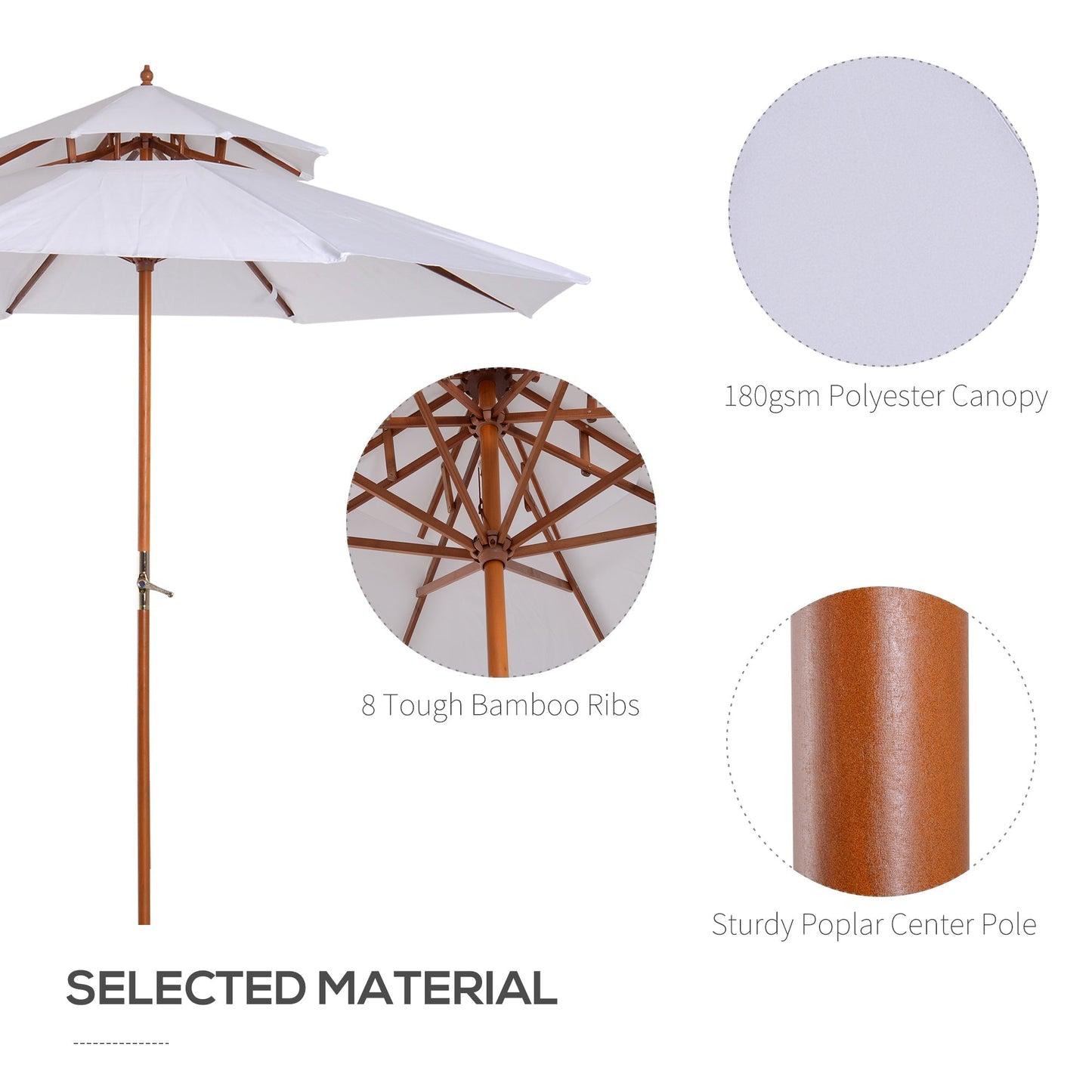 Outsunny 2.7m Patio Umbrella Double Tier Garden Parasol Umbrella Outdoor Sun Umbrella Sunshade Bamboo Parasol Cream White