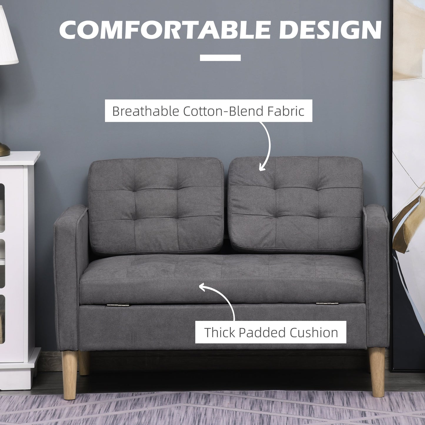 HOMCOM Nowoczesna 2-osobowa sofa z ukrytym schowkiem, 117 cm pikowana bawełniana kanapa z drewnianymi nogami, kompaktowa sofa dwuosobowa do salonu, kuchni, szara