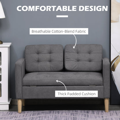 HOMCOM Nowoczesna 2-osobowa sofa z ukrytym schowkiem, 117 cm pikowana bawełniana kanapa z drewnianymi nogami, kompaktowa sofa dwuosobowa do salonu, kuchni, szara