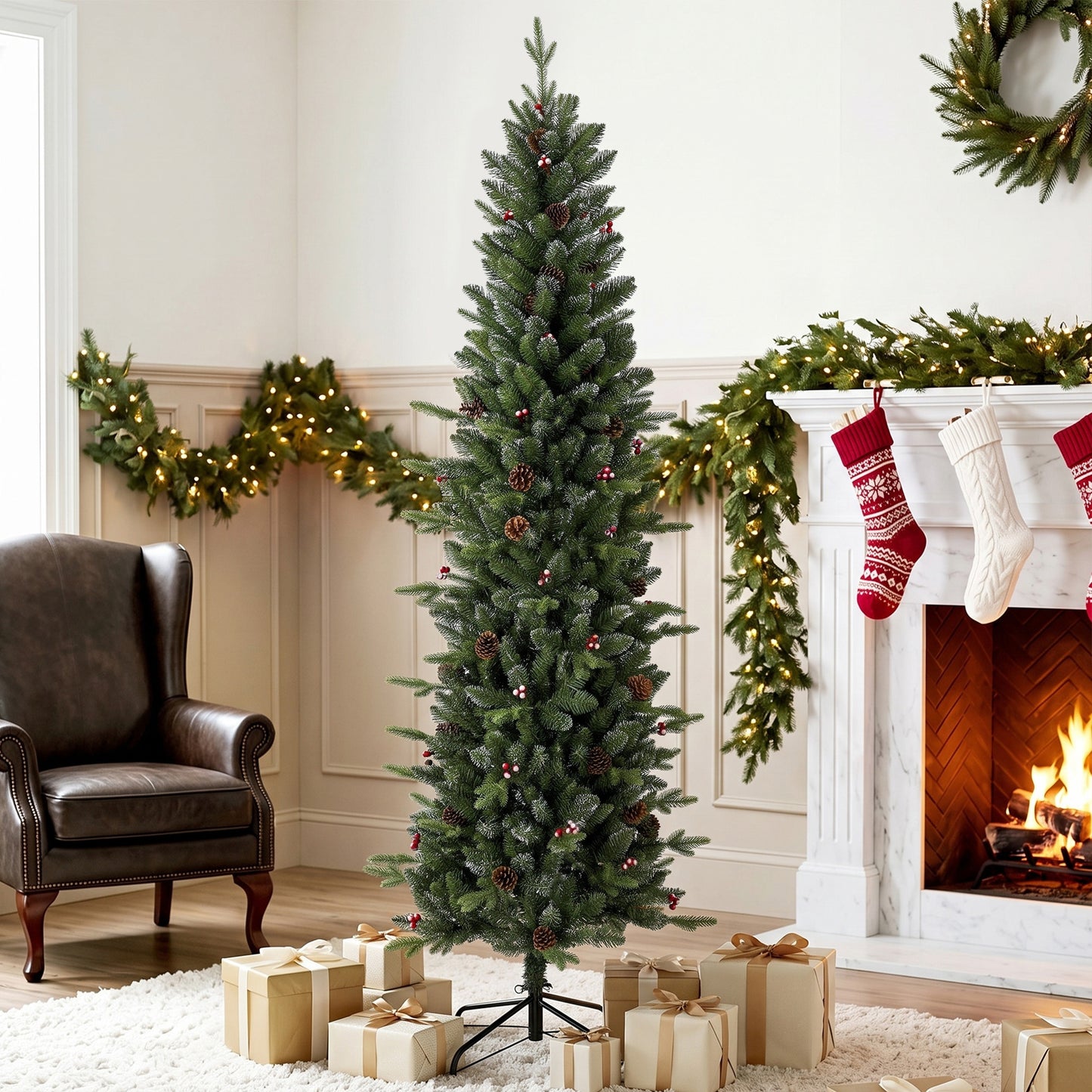 HOMCOM Slim Gracious Pine Xmas Tree, 7ft/210cm Artificial Christmas Tree with 904 Branch Tips, Foldable Steel Stand, Green