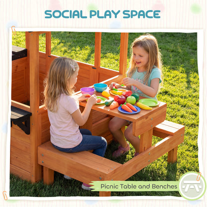 AIYAPLAY Wooden Playhouse Playhouse for Kids with Table, Benches, Sink Table, Windows, Flowerpot Holders, for Ages 3-8, Brown