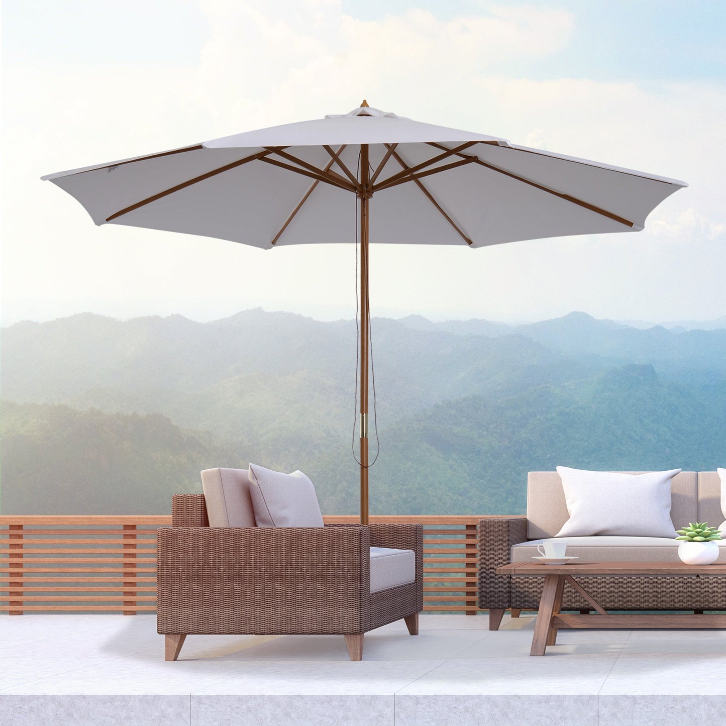 Outsunny 3(m) Fir Wooden Parasol Garden Umbrellas 8 Ribs Bamboo Sun Shade Patio Outdoor Umbrella Canopy, Cream White