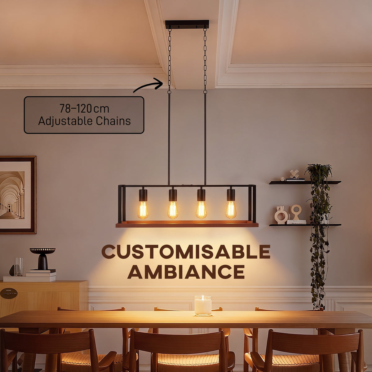 HOMCOM 4-Light Pendant, Industrial Hanging Fixture with Adjustable Height for Dining Room, Black, (E27 Base, NO Bulbs)