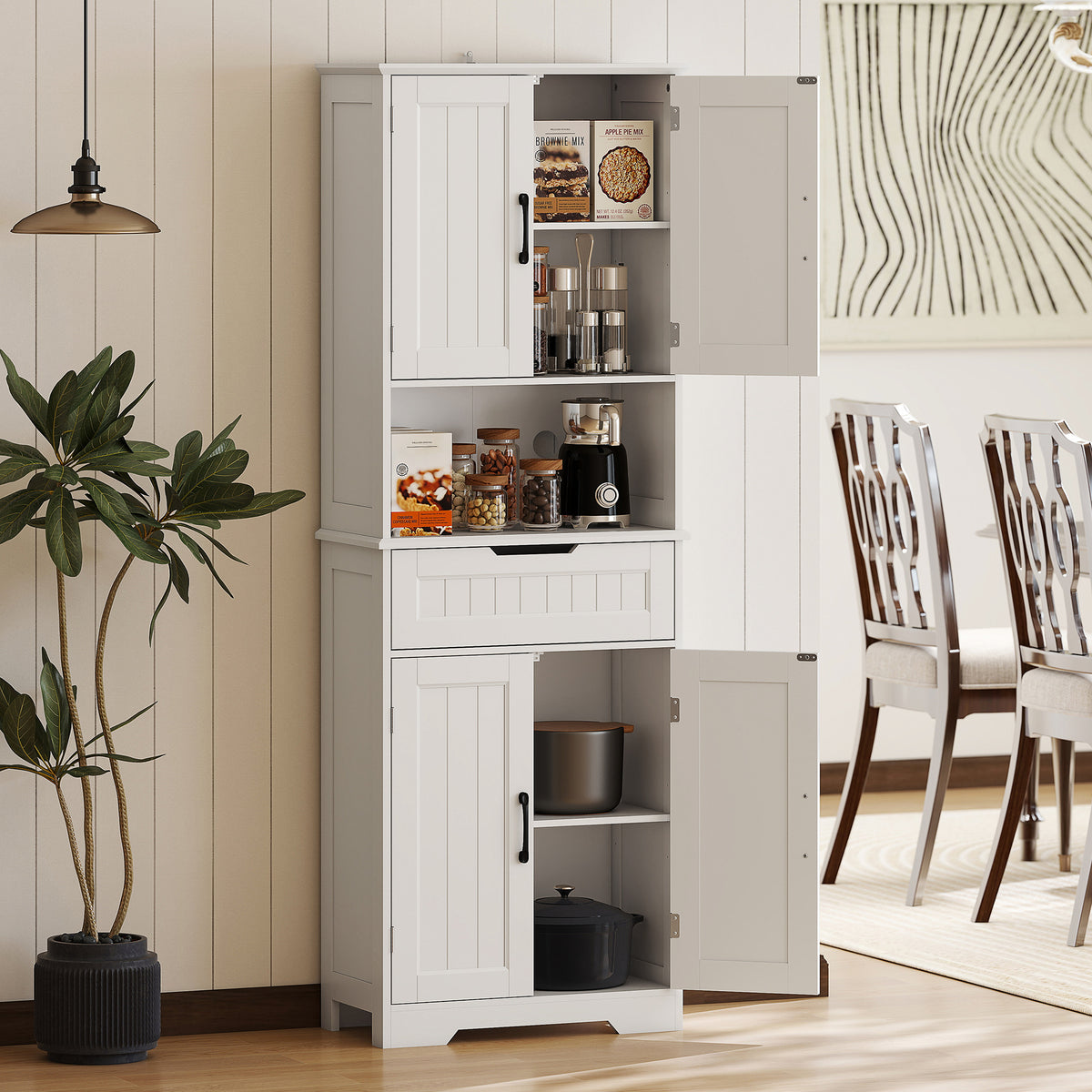 HOMCOM 172 cm Tall Kitchen Pantry Cupboard w/ Small Open Counter, Freestanding Kitchen Cabinet w/ 2 Adjustable Shelves, White