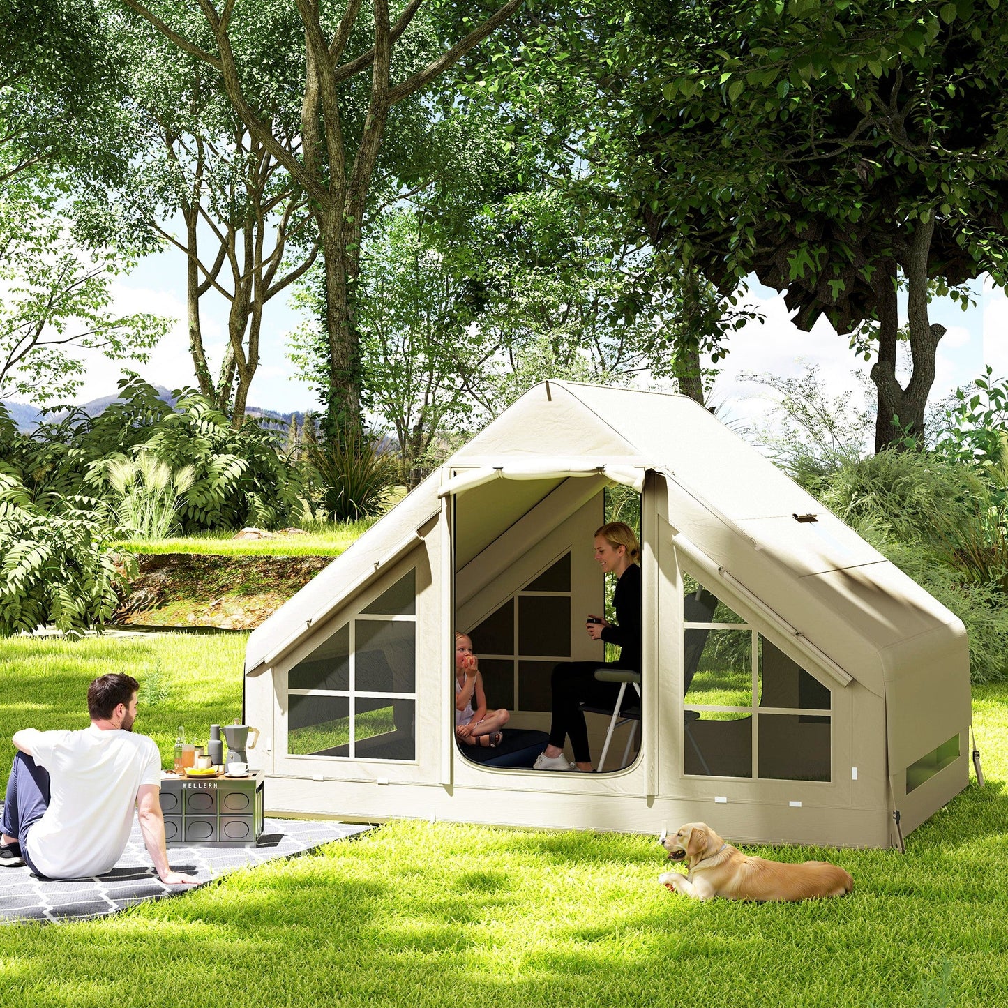 Outsunny Inflatable Camping Tent with Pump and Stove Jack Hole, Easy Setup 2-4 Person Blow Up Tent, Waterproof Luxury Inflatable Tent with Mesh Windows, Doors, Hook and Carry Bag, Beige
