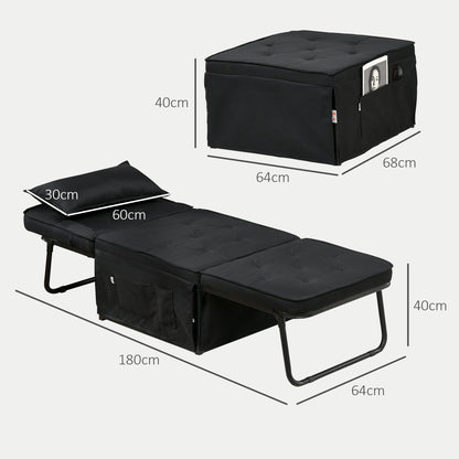 HOMCOM Fabric Sleeper Chair, Folding Chair Bed with Adjustable Backrest, Pillow, Side Pockets for Living Room, Black