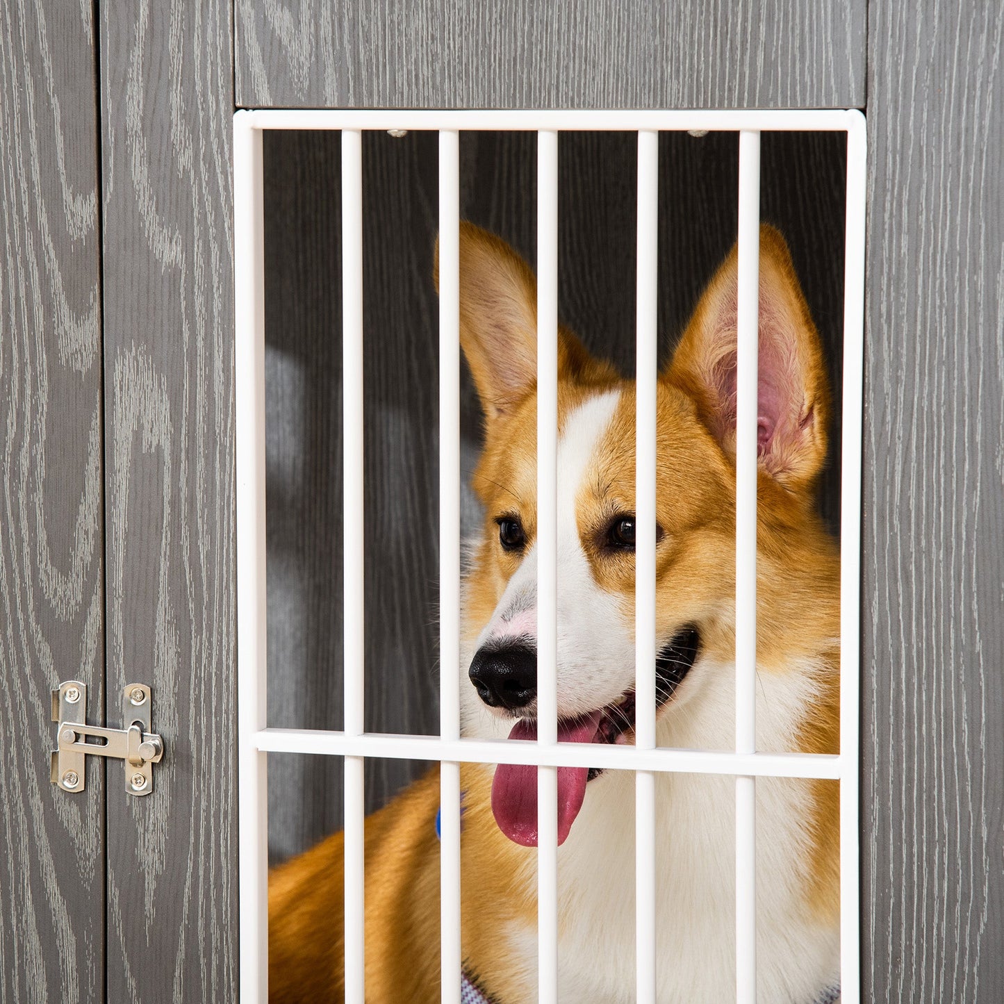 PawHut Dog Crate Wooden Pet Kennel Cage End Table w/ Lockable Door for Small Medium Dog Grey & White 85 x 55 x 75 cm