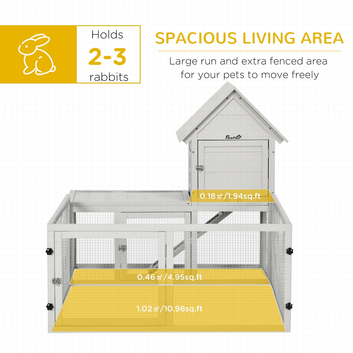 PawHut Indoor Rabbit Hutch, Guinea Pig Cage, with Slide-Out Tray, Large Fenced Area - Light Grey