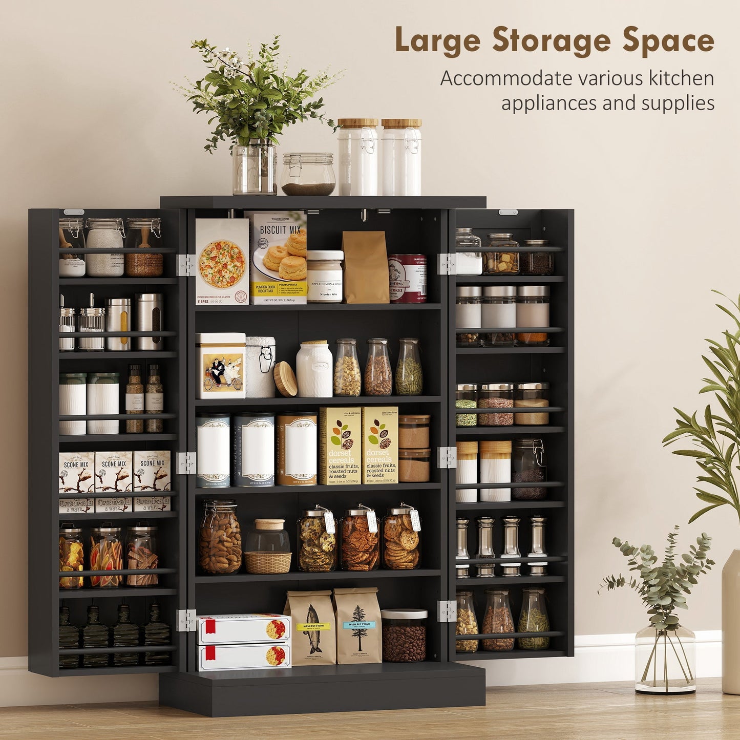 HOMCOM Kitchen Cupboard, Freestanding Multi-Storage Kitchen Pantry Cabinet with Adjustable Shelves, Black