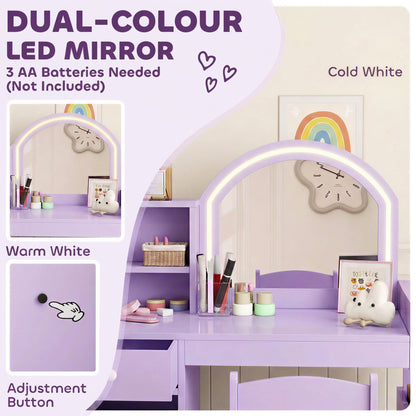 AIYAPLAY Kids Vanity Table and Chair Set, Kids Vanity Table with 2-Colour LED Mirror, Stool, Cabinet, Drawer, Shelves, Purple