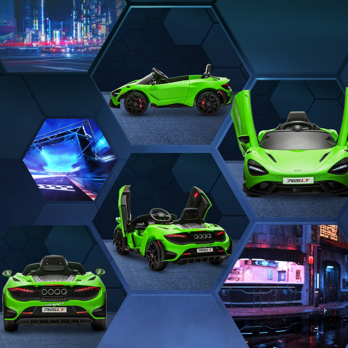سيارة كهربائية للأطفال مرخصة من AIYAPLAY McLaren 765LT بقوة 12 فولت مع أبواب على شكل فراشة وعجلات نقل تعمل بالتحكم عن بعد باللون الأخضر