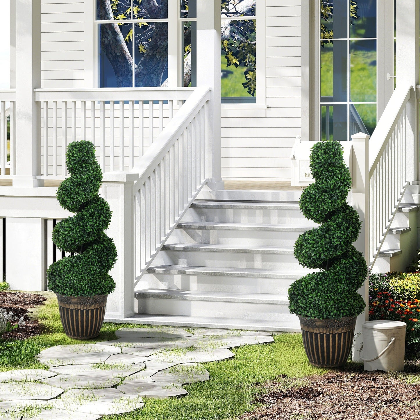 HOMCOM Set of 2 Artificial Plants, Topiary Spiral Boxwood Trees with Pot, for Home Indoor Outdoor Decor, 90cm