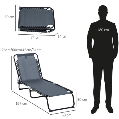 Outsunny Foldable Sun Lounger, Outdoor 4 Level Adjustable Backrest Reclining Chaise Chair, Steel Frame Recliner Chair for Camping, Hiking, Grey