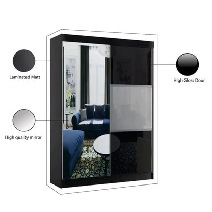 Manhattan Black High Gloss Sliding Door Wardrobe - 120cm,150cm and 200cm