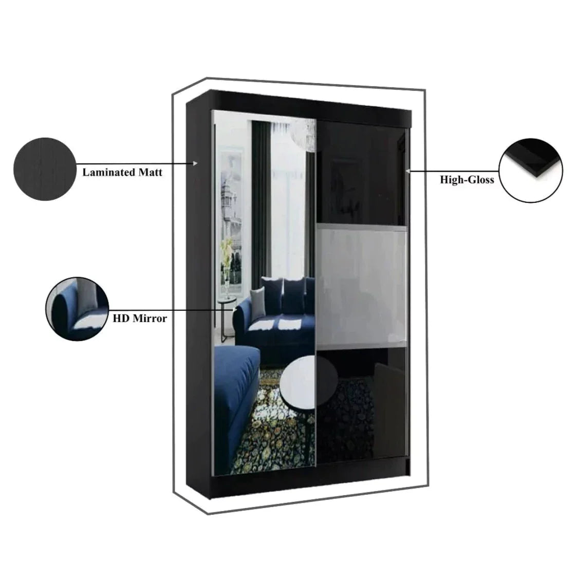 Manhattan Black High Gloss Sliding Door Wardrobe - 120cm,150cm and 200cm