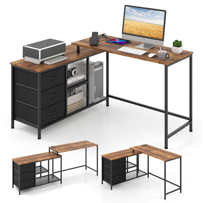 L-Shaped Computer Desk with Drawers Shelves and Charging Station in Rustic Brown