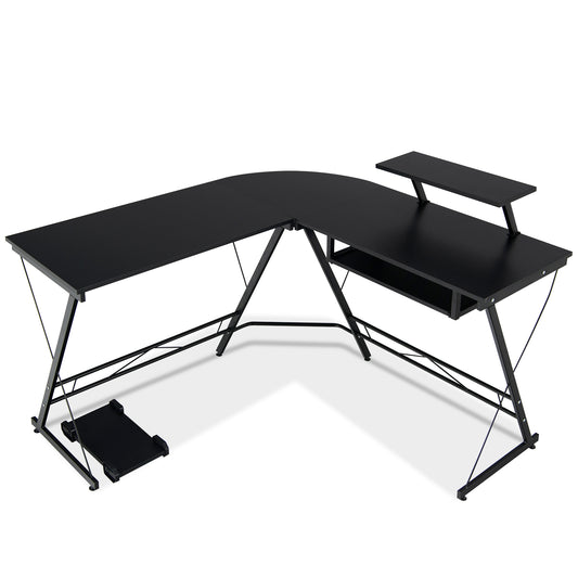 L-Shaped Computer Desk with Movable Host Stand and Removable Monitor Shelf-Black