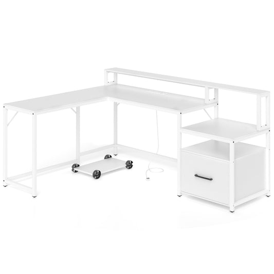 L-shaped Desk with Power Outlet and File Drawer-White