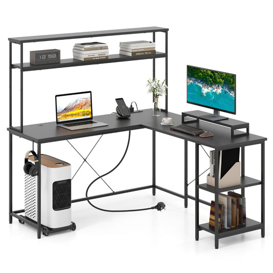 L-Shaped Gaming Desk with LED Strip and Power Outlets-Black