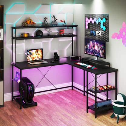 L-Shaped Gaming Desk with LED Strip and Power Outlets-Black