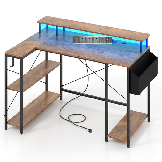 L-Shaped Gaming Desk 120 cm Computer Desk with LED Lights and Power Outlets-Rustic Brown