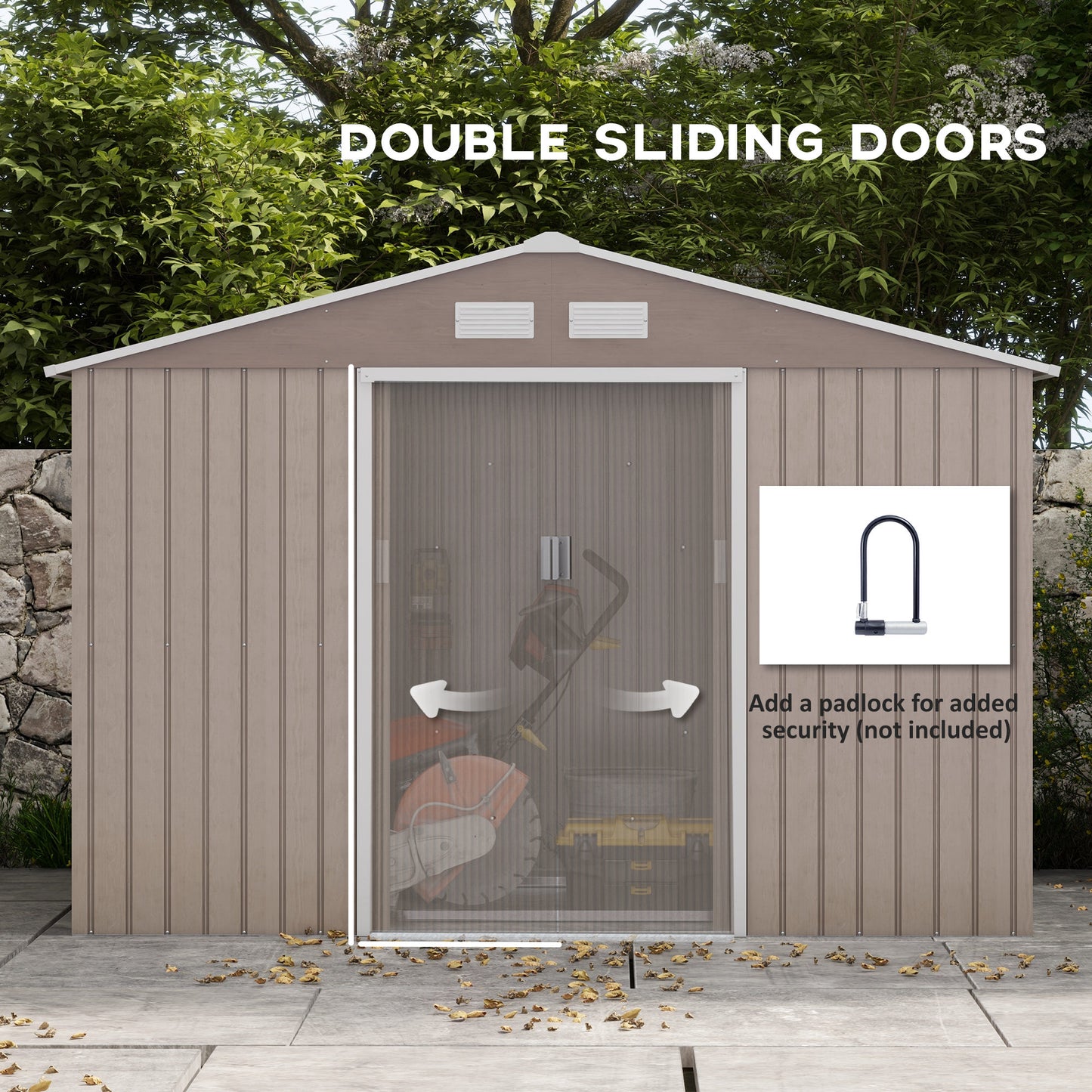 Outsunny 9 x 6ft Garden Metal Storage Shed, zewnętrzny domek narzędziowy z otworami wentylacyjnymi, fundamentem i zamykanymi podwójnymi drzwiami, brązowy
