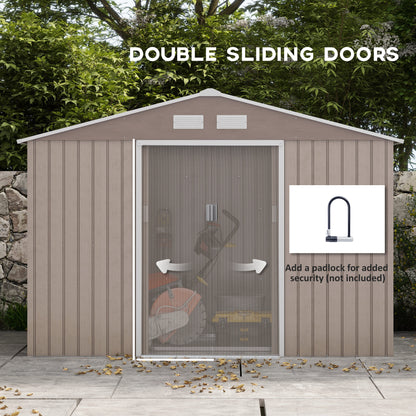 Outsunny 9 x 6ft Garden Metal Storage Shed, zewnętrzny domek narzędziowy z otworami wentylacyjnymi, fundamentem i zamykanymi podwójnymi drzwiami, brązowy