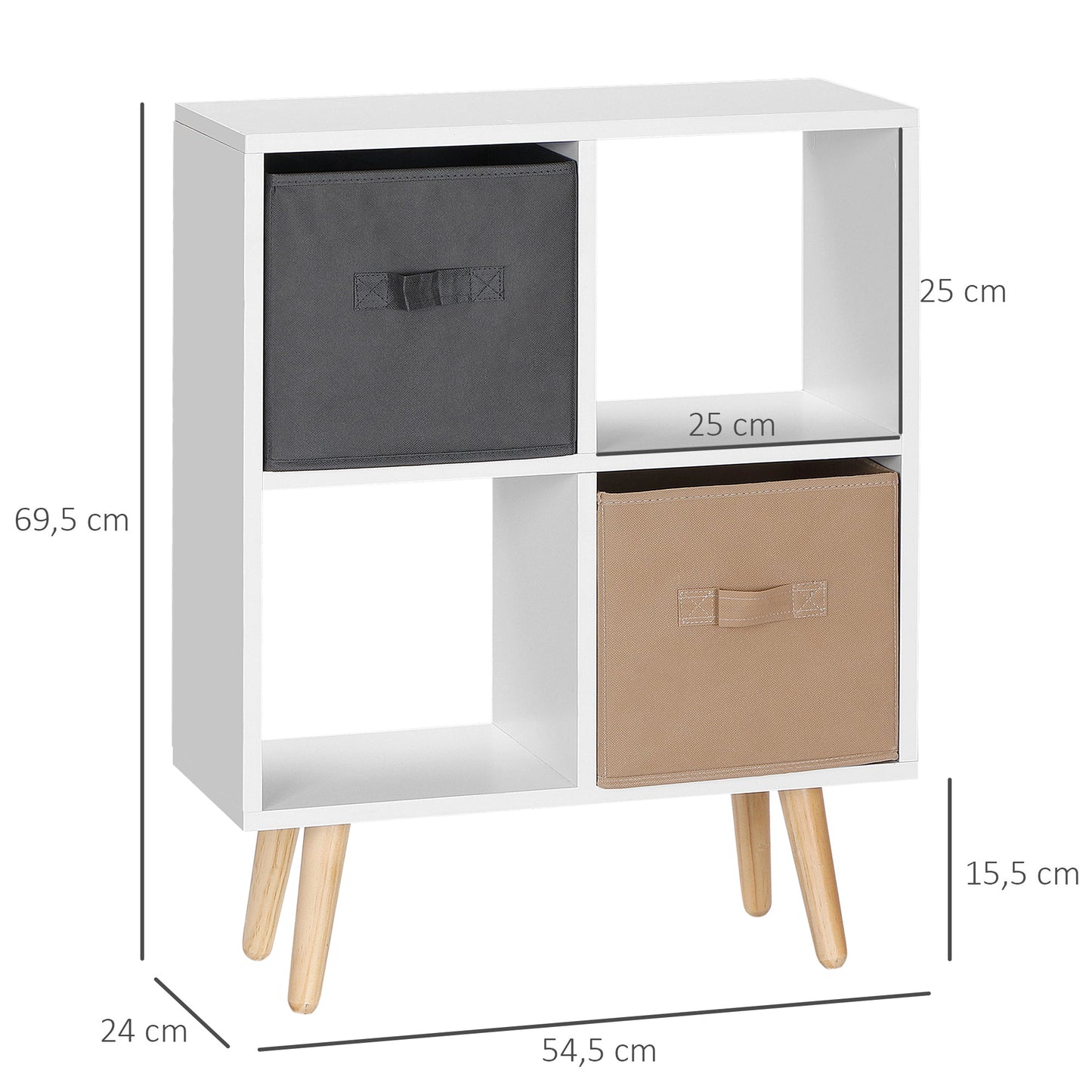 HOMCOM Freestanding 4 Cube Unit Cabinet Unit w/ 3 Fabric Drawers Handles Home Office Storage Shelves