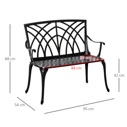 Outsunny 2-osobowa ławka ogrodowa z odlewu aluminiowego Loveseat Outdoor Furniture Chair z dekoracyjnym oparciem i ergonomicznym podłokietnikiem na patio, taras lub werandę