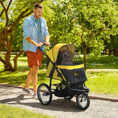 PawHut Pet Stroller Jogger for Medium, Small Dogs, Foldable Cat Pram Dog Pushchair w/ Adjustable Canopy, 3 Big Wheels - Yellow