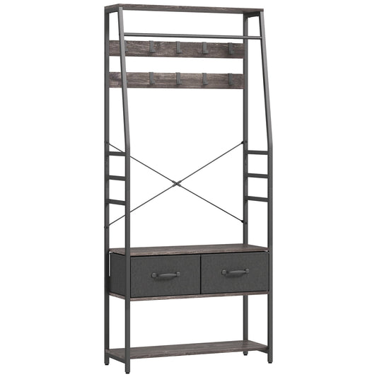 HOMCOM Coat Rack with Shoe Storage, Hall Tree, Industrial Coat Stand with Shoe Bench, 10 Removable Hooks, 2 Fabric Drawers and Clothes Rail for Entryway, Hallway, Grey