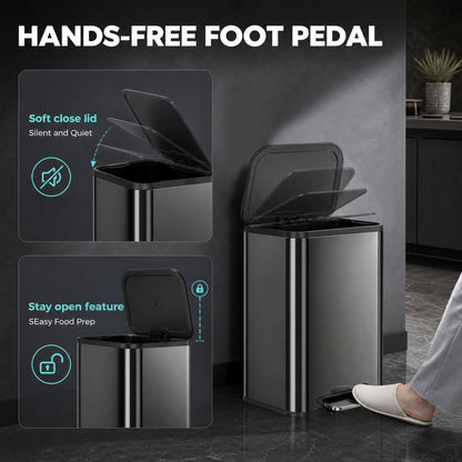 HOMCOM 50L Kitchen Bin, Metal Pedal Rubbish Bin with Soft Close and Stay-Open Lid, Removable Inner Bucket, High Gloss Black