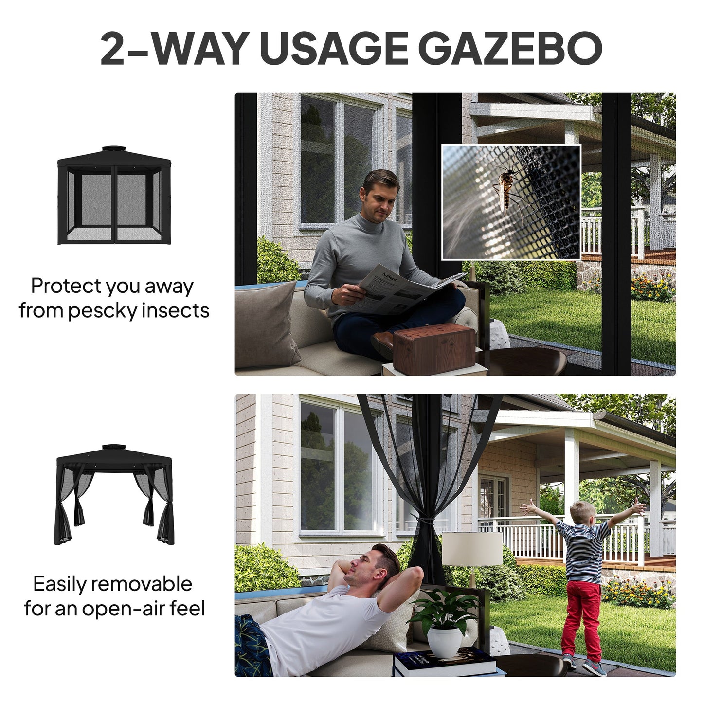 Outsunny 3 x 3 m Metal Gazebo, Garden Pavillion, DoubleÂ Roof Outdoor Canopy Shelter with Mesh Sidewalls, Black