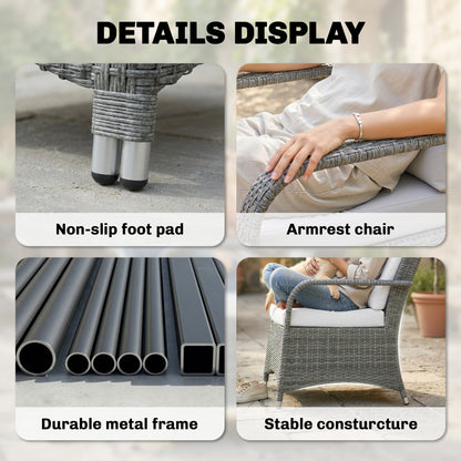 Outsunny 3 Pieces Rattan Bistro Set, Wicker Garden Furniture Set with Metal Frame, Cover, Glass Top Coffee Table, Light Grey