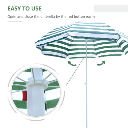 Outsunny 1.8m Beach Parasol Umbrella with Tilt Canopy, Lightweight Patio Garden Sunshade with 8 Ribs, Green & White Stripe