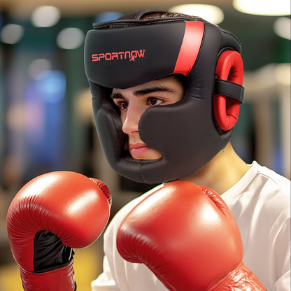 Kask bokserski SPORTNOW z regulowanym paskiem zapewniający pełną ochronę twarzy do kickboxingu, sparingów, sztuk walki, karate, taekwondo, czerwony