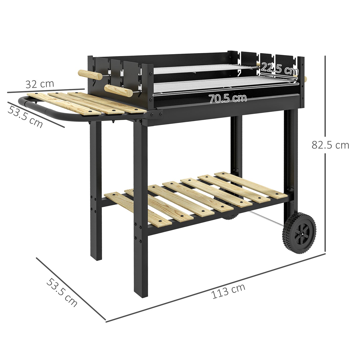 Outsunny Węgiel drzewny√Ç BBQ√Ç Grill, Wózek na grilla√Ç z podwójnym regulowanym grillem, stolikiem bocznym, półką do przechowywania i kółkami do gotowania na świeżym powietrzu w ogrodzie, czarny