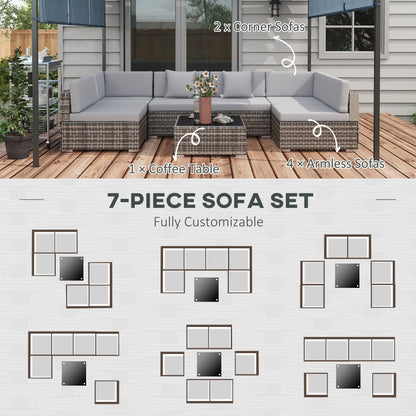 7 Pieces PE Rattan Garden Furniture Set with Thick Padded Cushion, Patio Garden Corner Sofa Sets with Glass Coffee Table and Pillows, Buckle Structure, Mixed Grey