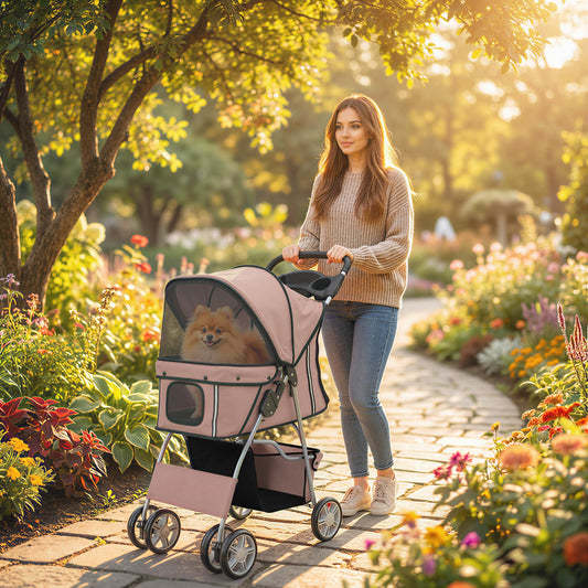 PawHut Dog Pram, Pet Stroller with Reflective Strips, Foldable Cat Stroller with 360Â° Swivel Wheels, Brown