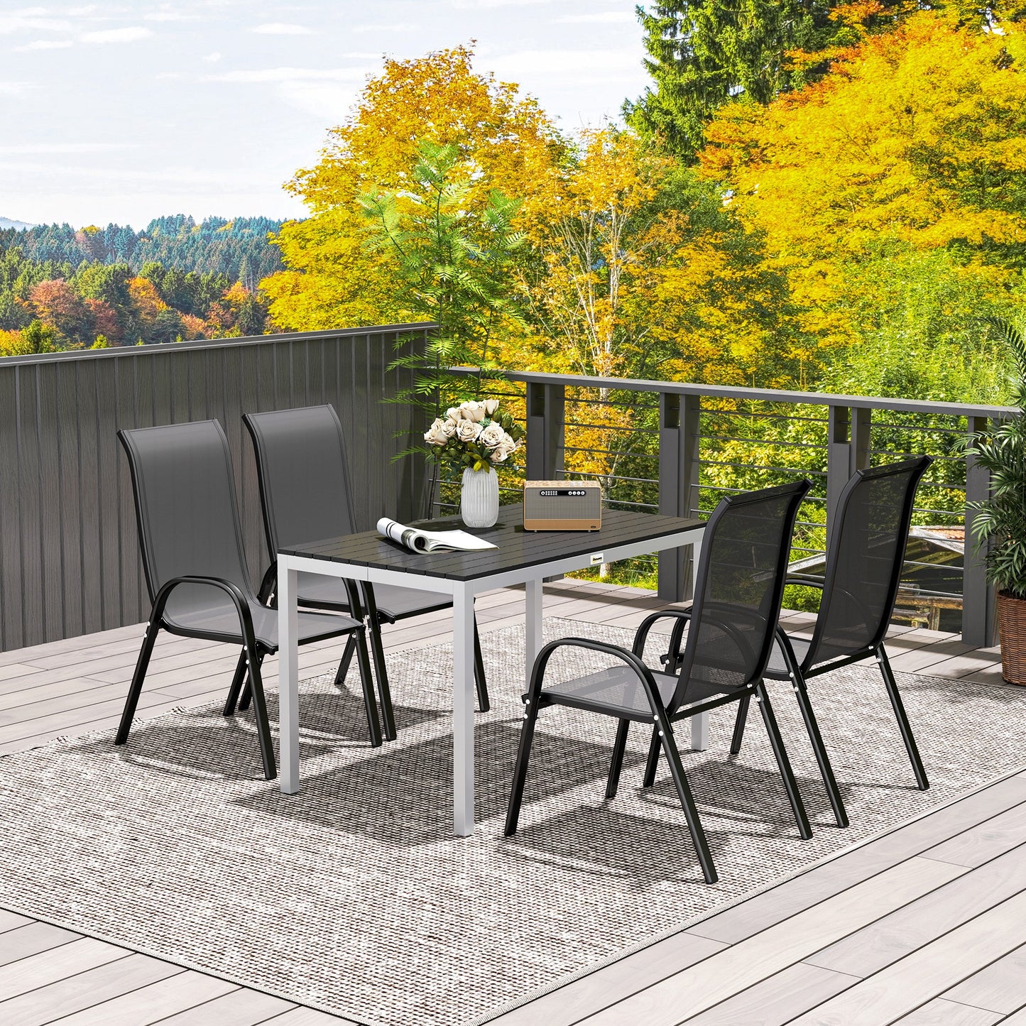Stół ogrodowy Outsunny dla 4-6 osób, 120 x 70 cm, stół jadalny do użytku na zewnątrz z odporną na rdzę aluminiową ramą, łatwy w utrzymaniu blat z listew, na patio, taras, balkon, czarny